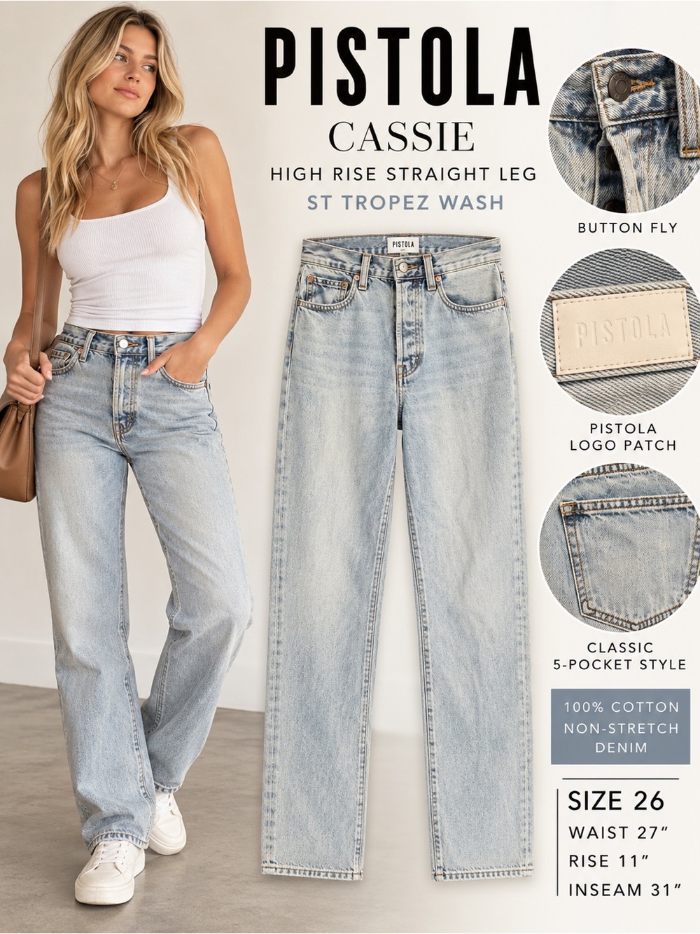 Pistola Cassie High Rise Straight Leg Jeans St Tropez Light Wash Size 26